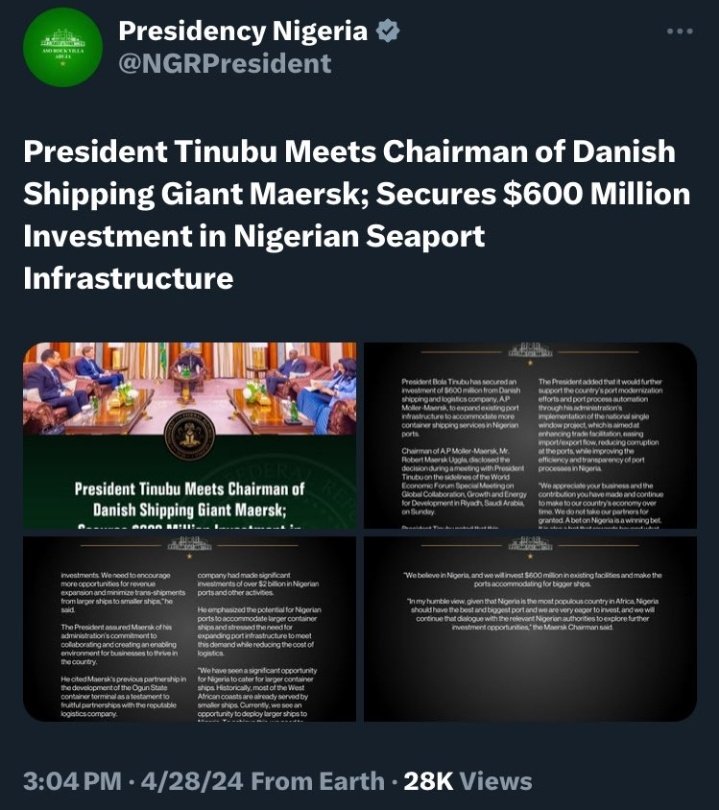 I honestly don't know why some Nigerians are triggered & angry that the official Twitter handle of the tainted Tinubu 'presidency' was used to peddle lies about Maersk investing audio $600m in Nigeria. Same Tinubu whose whole academic, employment & birth records were all lies?
