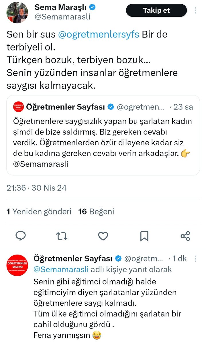 Öğretmenlere 'kıytırık formasyon alan' diyen Sema'nın başı bu sefer fena dertte. 😀

Öğretmenler dava açsa haklılar.

Erdoğan'a ve Ak Parti'ye attığı iftiraların cezasını Allah'tan bulur inşallah.