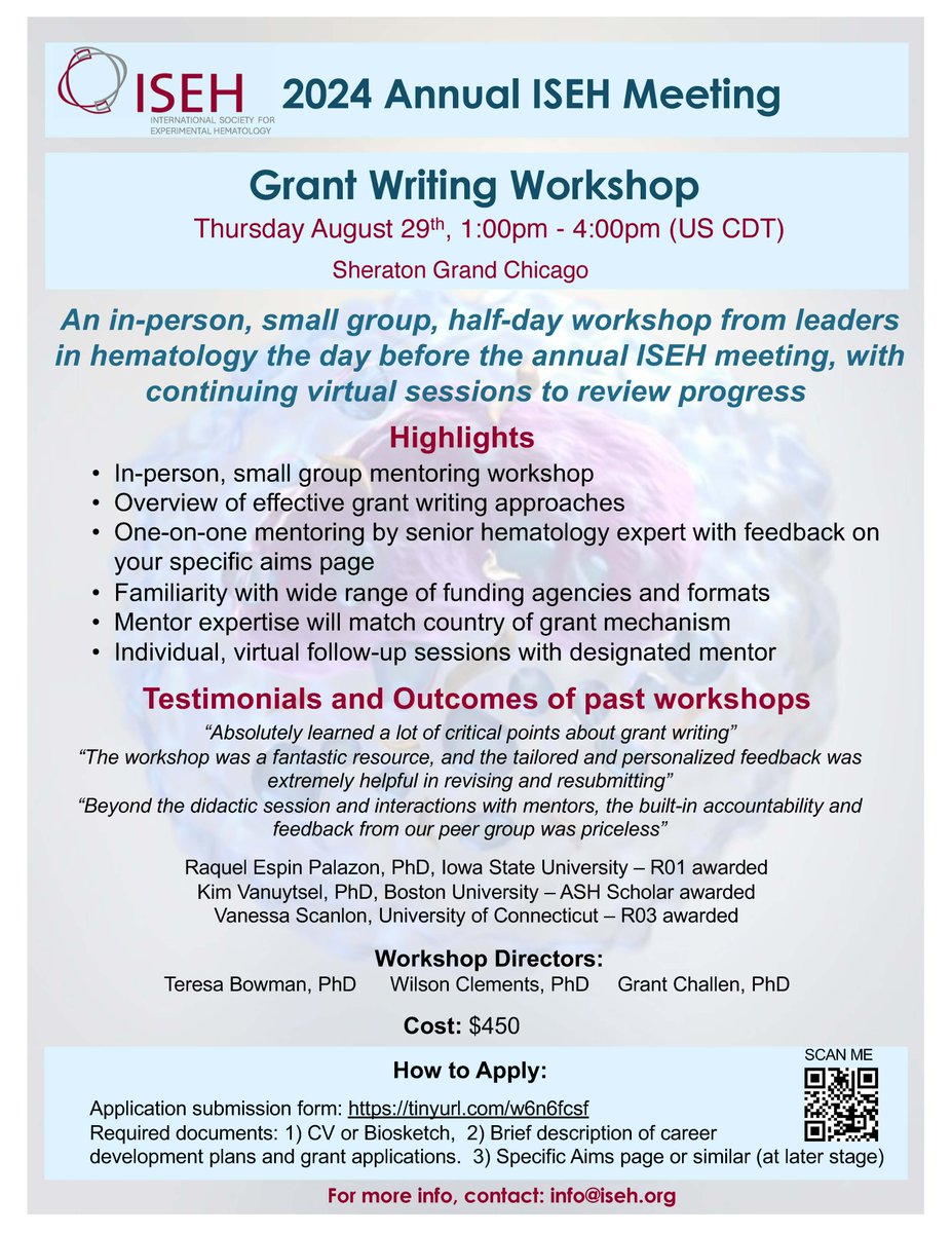 #NewPI in hematopoiesis!? Check out the Junior Faculty Grant Writing Workshop, a premeeting @ISEHSociety annual meeting #ISEH24! Pricing is way lower than comparable offerings, and the instruction and personalized feedback is invaluable! #ScienceIsInOurBlood