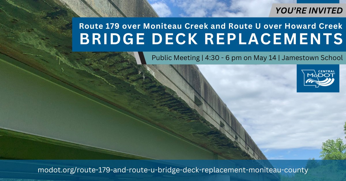 MoDOT is seeking community input on two bridge deck replacement projects near Jamestown: Route 179 over Moniteau Creek and Route U over Howard Creek. Join us for an open-house-style public meeting: 🕟 May 14 from 4:30 to 6 p.m. 📍Jamestown School Gym. modot.org/route-179-and-…