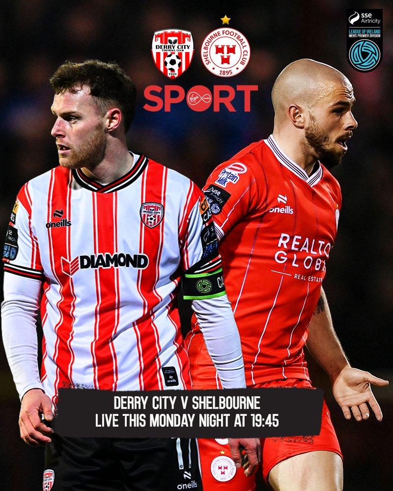 Our next television broadcast in the SSE Airtricity Men's Premier Division is a big one 😍 Monday night sees two title chasers in Derry City and Shels clash live on Virgin Media Two ⚔️ #LOI | @VMSportIE