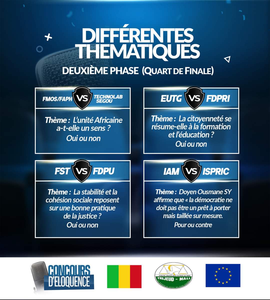 𝐂𝐨𝐧𝐜𝐨𝐮𝐫𝐬 𝐝'𝐞́𝐥𝐨𝐪𝐮𝐞𝐧𝐜𝐞 𝟐𝐞 𝐞́𝐝𝐢𝐭𝐢𝐨𝐧 Rendez-vous ce 𝐦𝐞𝐫𝐜𝐫𝐞𝐝𝐢 𝟎𝟏 𝐦𝐚𝐢 au 𝐆𝐨𝐮𝐯𝐞𝐫𝐧𝐨𝐫𝐚𝐭 du district de Bamako à partir de 𝟎𝟗𝐇𝟎𝟎 pour la deuxième phase de la 2e édition du concours d'éloquence. Entrée libre! @UEauMali @trijeud