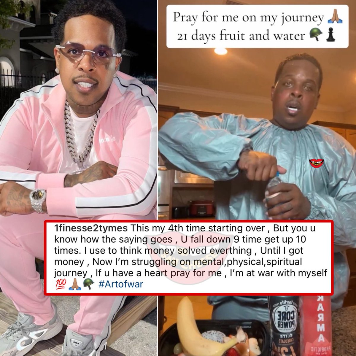 Finesse2tymes asks fans to pray for him on his fitness and health journey, which will consist of only fruit and water for 21 days: “This my 4th time starting over”