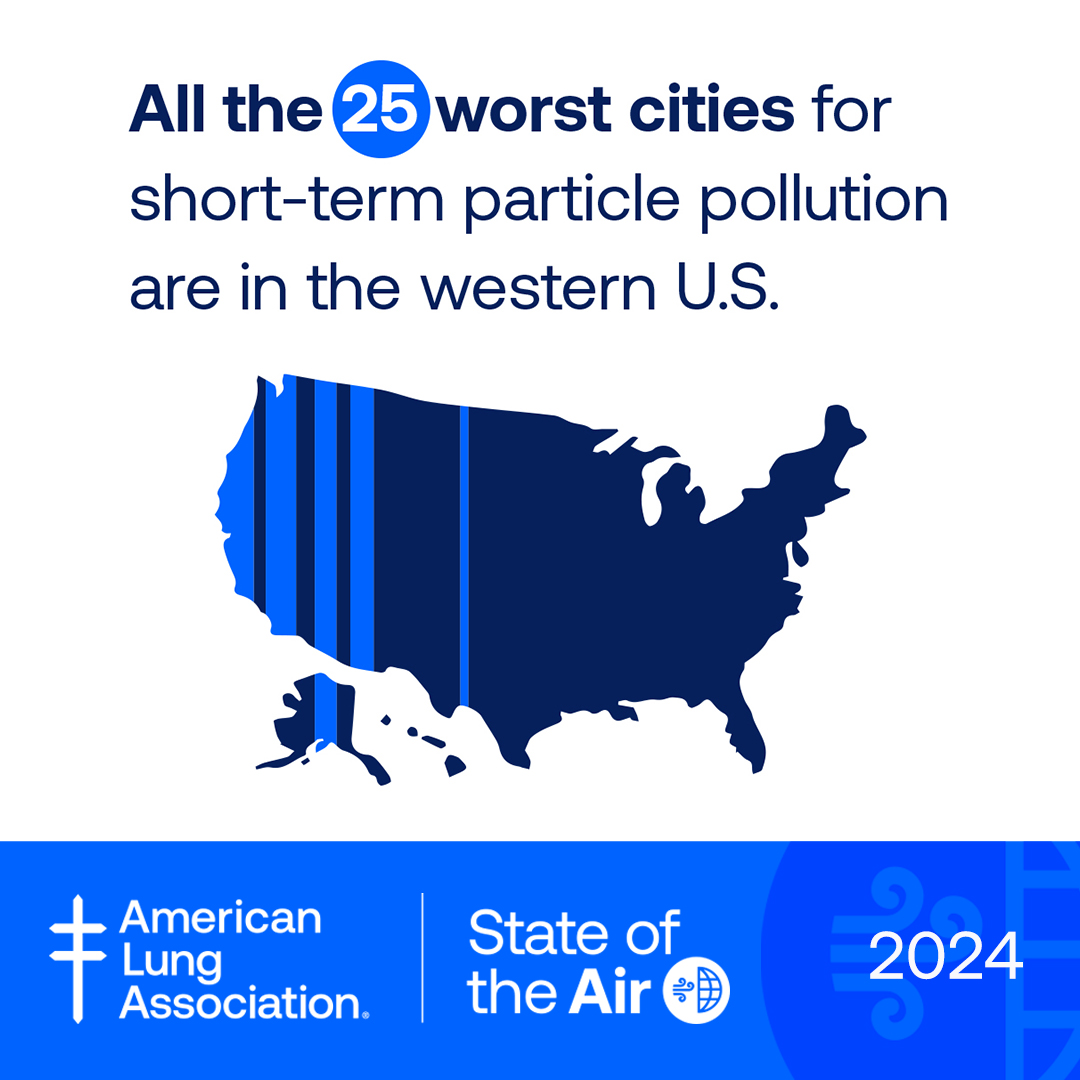 It's time to clear the air in the western US! Our latest ”State of the Air” report highlights the 25 worst cities for short-term particle pollution. Let's work together to combat this issue and ensure everyone breathes easier. Lung.org/sota #StateOfTheAir