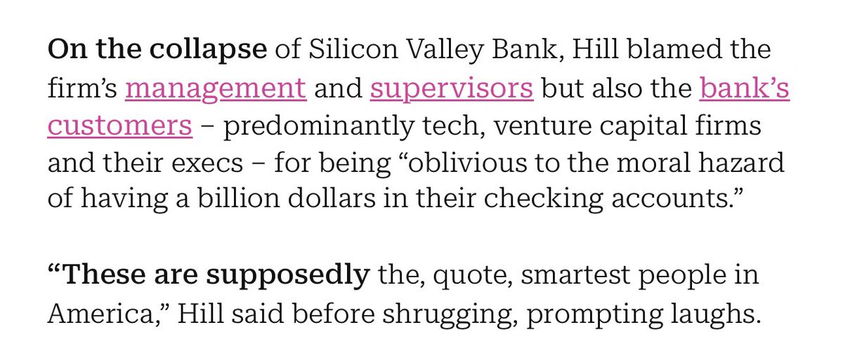 Rep. French Hill (R-Ark) took a lot of swings today -- at the White House, the CFPB, even a quick one at JPM's Jamie Dimon -- but his slam on Silicon Valley Bank's customer base was a flavor I haven't seen in a bit