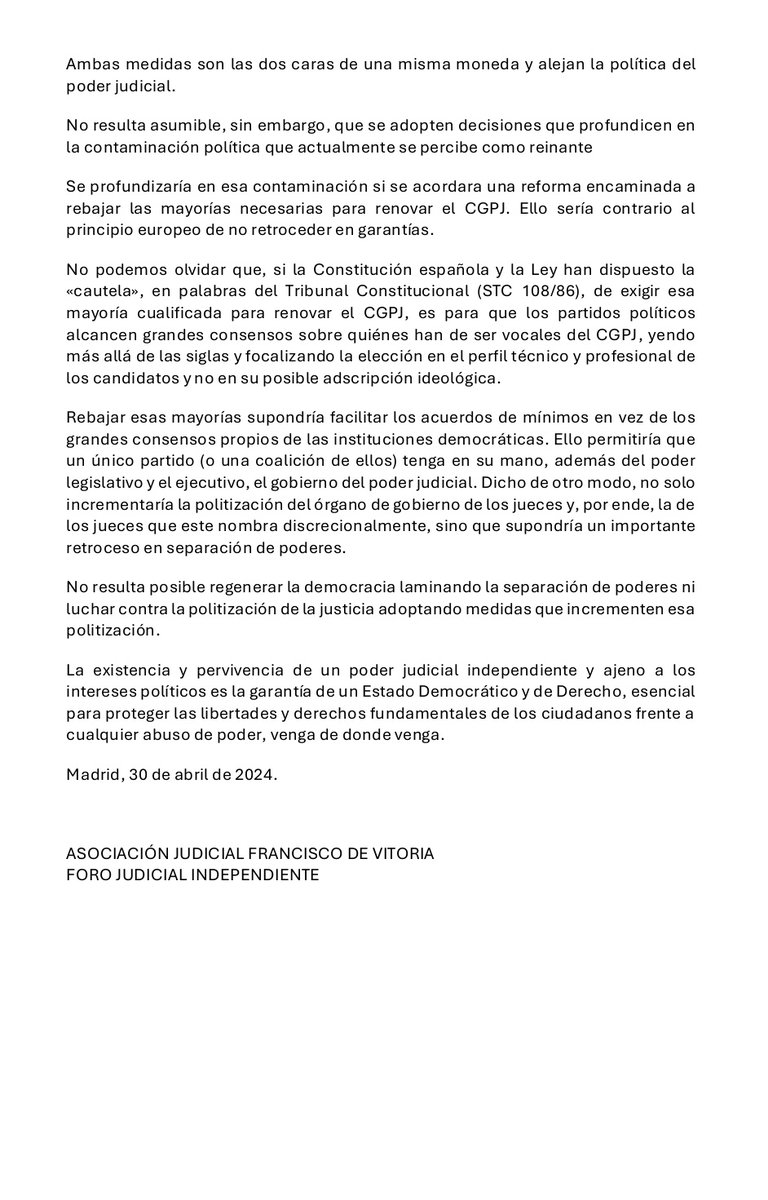 🔴Por un poder judicial despolitizado 👉'Se profundizaría en la contaminación política si se aprobara una reforma que rebajara las mayorías para elegir al #CGPJ ' Comunicado conjunto de la Asociación Judicial Francisco de Vitoria (#AJFV) y @FJuecesIndepend