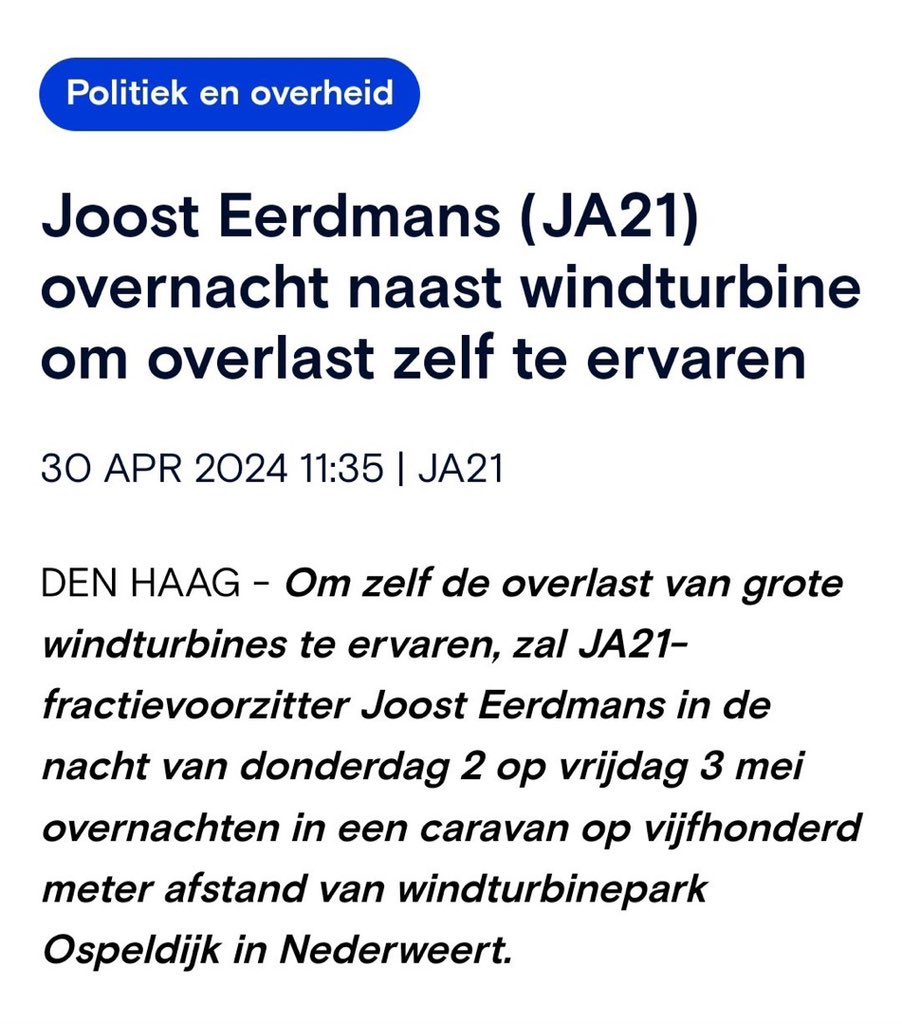 Wie o wie…laat mij een keer ervaren de overlast van stank door industriële veeteelt, de overlast van industrie naast je dorp, de overlast van Schiphol, de overlast van klimaatverandering, de overlast van stikstof en de overlast van een windmolen?Ik kom graag een nachtje logeren!