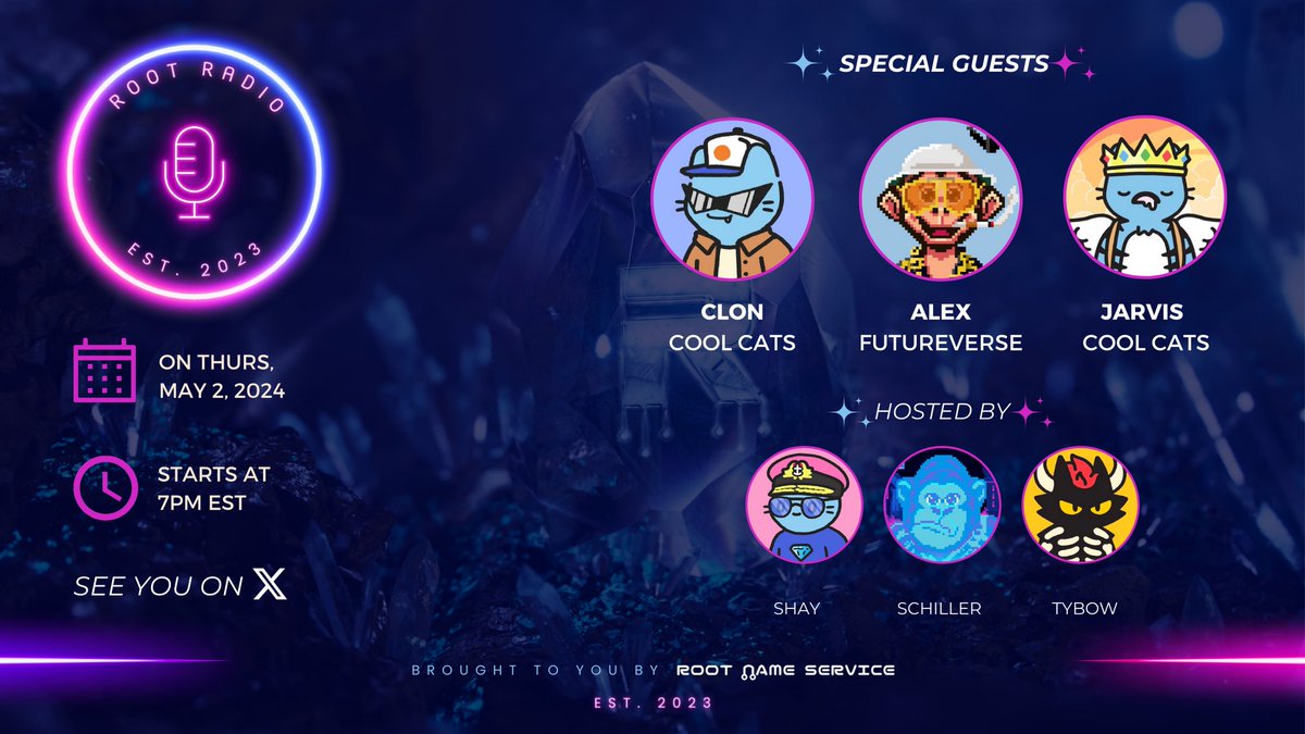 Join us this Thurs for a special episode of 𝗥𝗢𝗢𝗧 𝗥𝗔𝗗𝗜𝗢 📻 We’re diving into the world of @futureverse & @coolcats 🤝 with special guests @cloncast @JARVIS_nfts @alexsmeelenz. 😼💙🐰 🔥𝗚𝗜𝗩𝗘𝗔𝗪𝗔𝗬𝗦🔥 🐺 1 Shadow Wolf via @coolcats 🏜️ 1 SurrealScape via…
