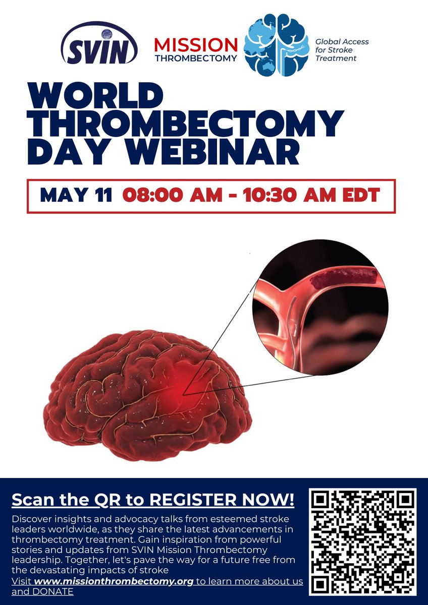 🌍 Join us on May 11th for an incredible #SVIN #MissionThrombectomy World Thrombectomy Day webinar! 🧠 Gain insights from global stroke leaders, learn about the latest thrombectomy advancements, and be inspired by powerful stories. ➡️Register now: 🔗shorturl.at/oswXY