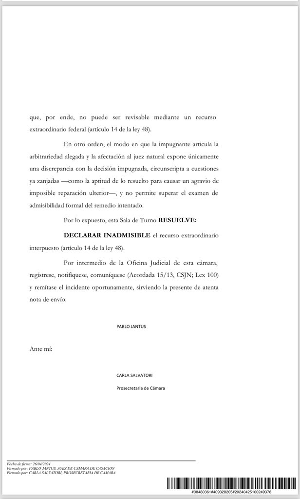 Confirmado!!! Está vez, CÁMARA NACIONAL DE CASACIÓN EN LO CRIMINAL Y CORRECCIONAL. Muchas Gracias. Será hasta la Próxima!!! Algún día de estos, les voy a contar el cuento del Oso y el Cazador!!! Yo veo cierta similitud en uno de los dos personajes!!! En Fin….