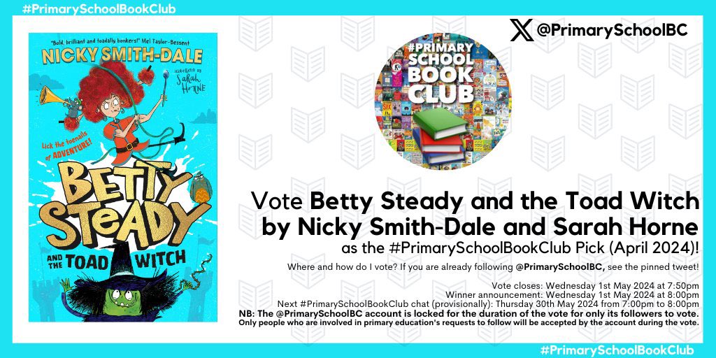 POLLY PUT THE KETTLE ON! We're thrilled that Betty Steady and the Toad Witch has been included in the #PrimarySchoolBookClub April vote this evening. Please vote for Betty! 

Head to @PrimarySchoolBC and vote using the pinned tweet!
@sarahhorne9 @LucyCourtenay1 @FarshoreBooks