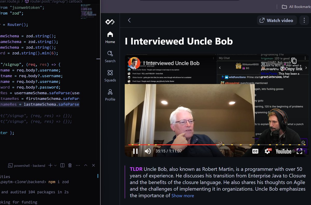 Day #twelve of leveling up
1) Work - understanding code base of extension.
2) A lot of planning before implementing automation. Brainstorming with seniors, having so much fun at work🤿. 
3) 8.2 paytm clone from #cohort @kirat_tw goingon
4) 'I Interviewed Uncle Bob' knowledgeable