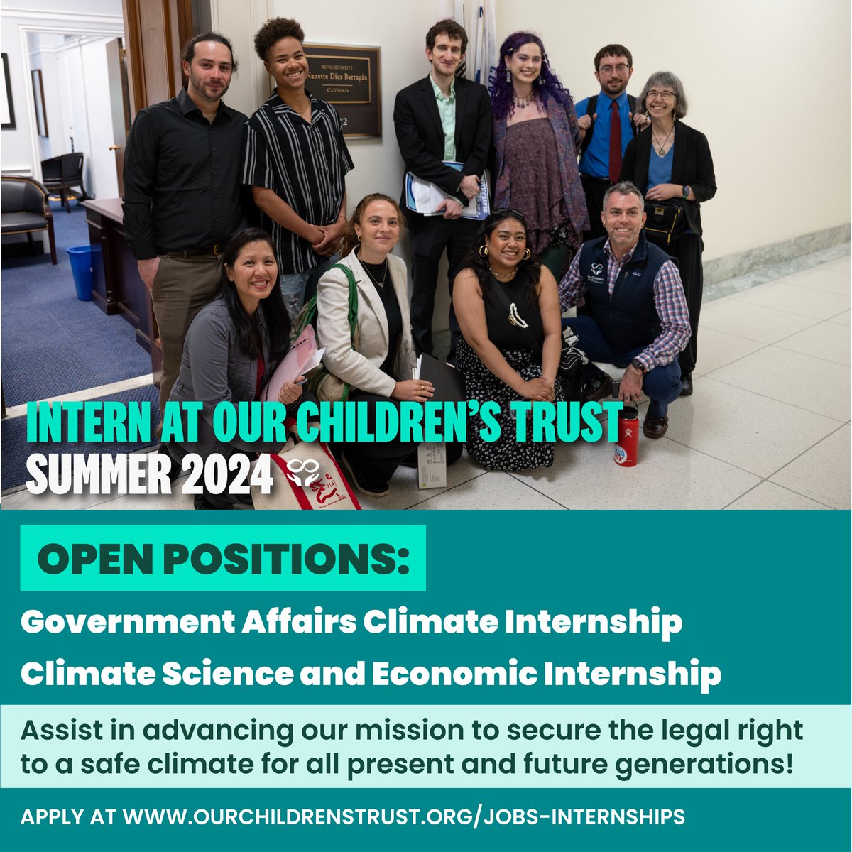 📣 Join the team as a science and economic or government affairs climate intern at Our Children’s Trust this summer and gain valuable experience working closely with our scientist and government affairs staff attorney as we fight for climate rights in our courts! #YouthvGov