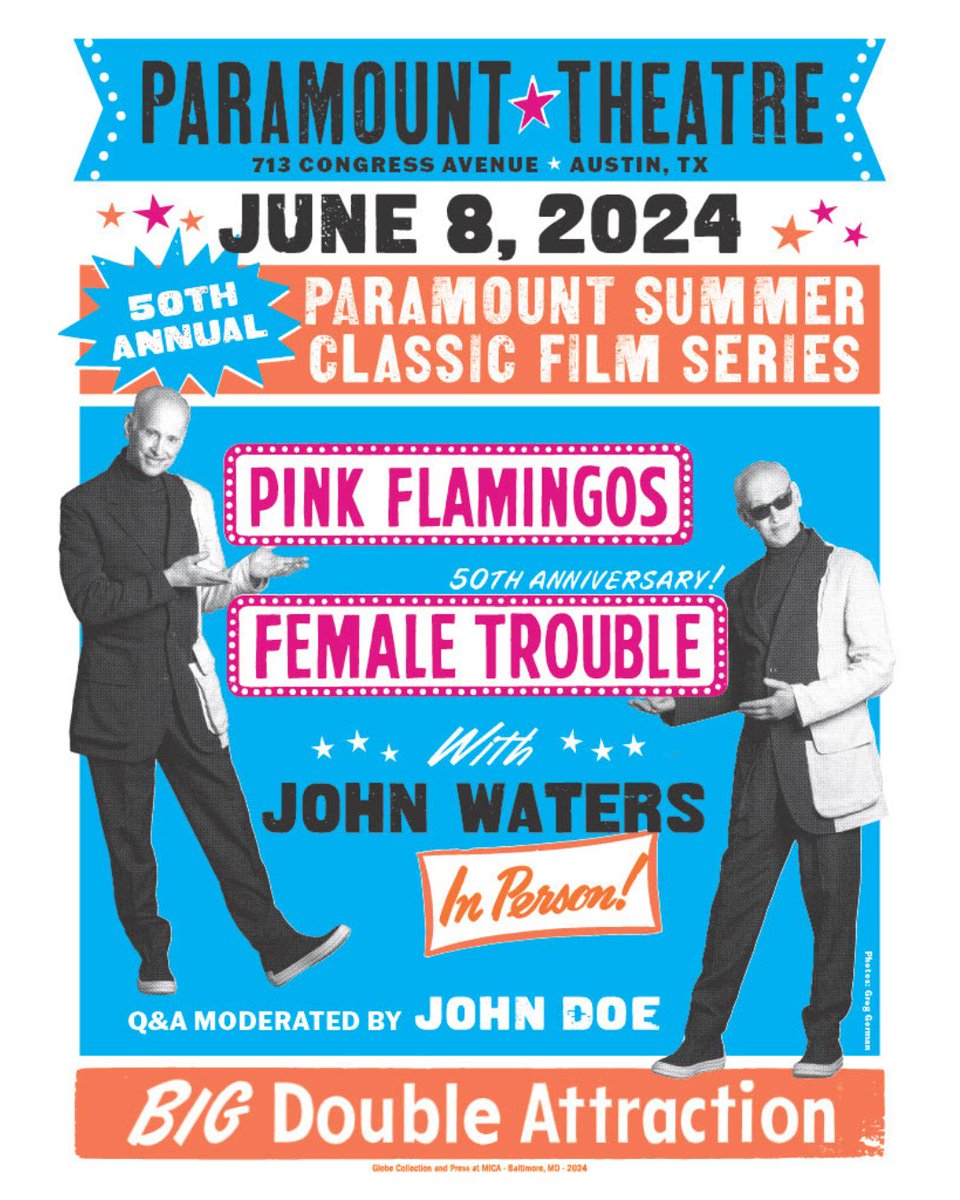 Join us & the Pope of Trash 6/8 for a cinematic extravaganza featuring the cult classics PINK FLAMINGOS and FEMALE TROUBLE, followed by a lively Q&A with the legendary filmmaker himself, moderated by Waters’ longtime friend John Doe! 🎟️ bit.ly/44iDybj 🎨: @GlobeAtMICA