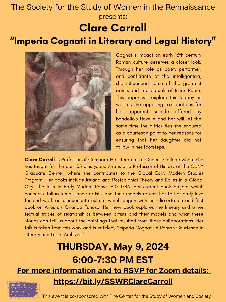 Coming up: please join the Center for the Study of Women in the Renaissance for a talk with Clare Carroll on May 9 at 6 pm on Zoom.

RSVP: buytickets.at/centerforthest…