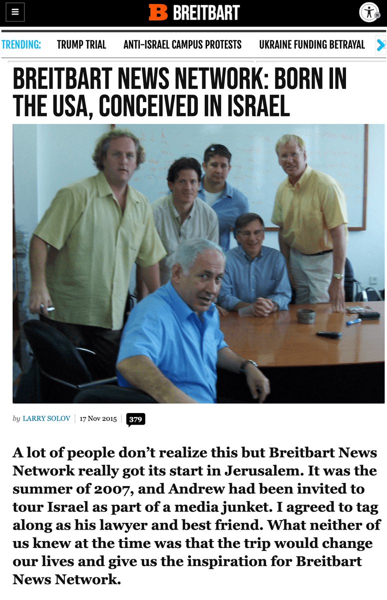 Did you know that the 'Breitbart News Network' was originally conceived on a 'media junket' to Israel, apparently with Bibi himself in the room?