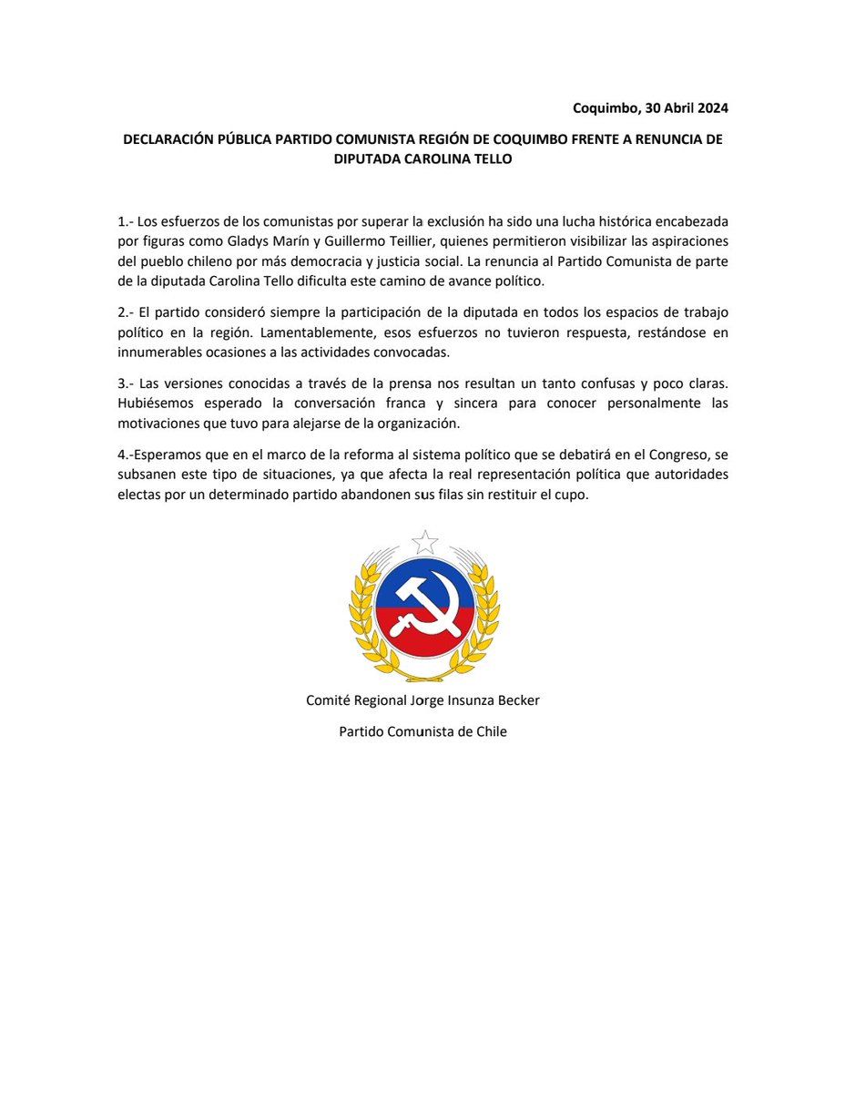 Declaración pública partido Comunista Región de Coquimbo frente a renuncia de diputada Carolina Tello