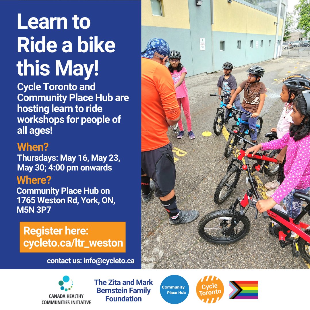 🚵‍♀️Want to know how to ride a bicycle? We have a Learn to Ride program this month for all ages! 🗓️Thursday, May 16, 23, 30, 2024 ⏰4:00 pm - 6:30 pm 📍Location: 1765 Weston Road, York, M9N 3P7 ℹ️ For more information: 416-323-1429 Register today at cycleto.ca/ltr_weston