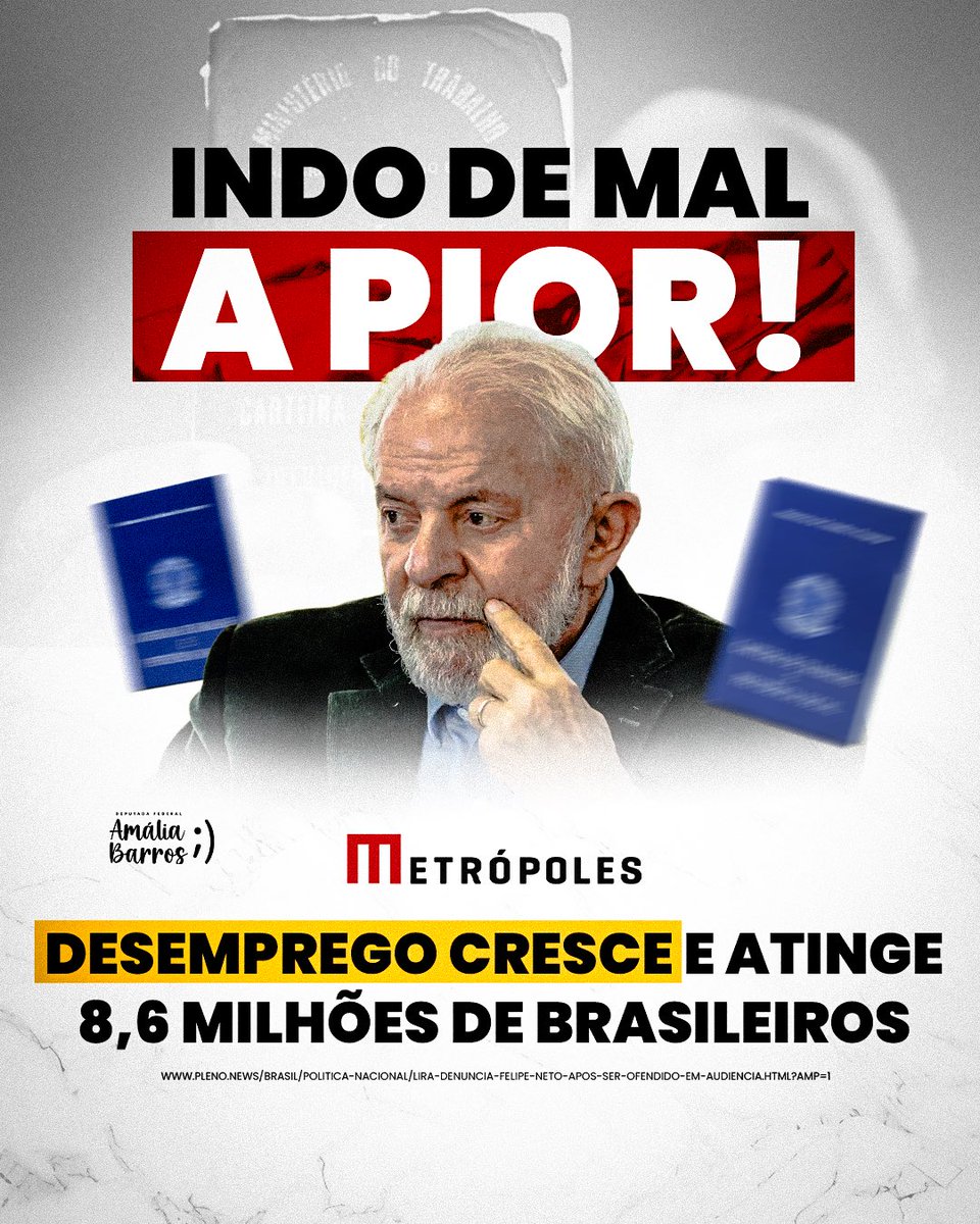 Nós avisamos! A taxa de desemprego no Brasil foi de 7,9% no trimestre encerrado em março. Lula e Haddad não cansam de aumentar impostos e com isso reduziram o desenvolvimento do país.