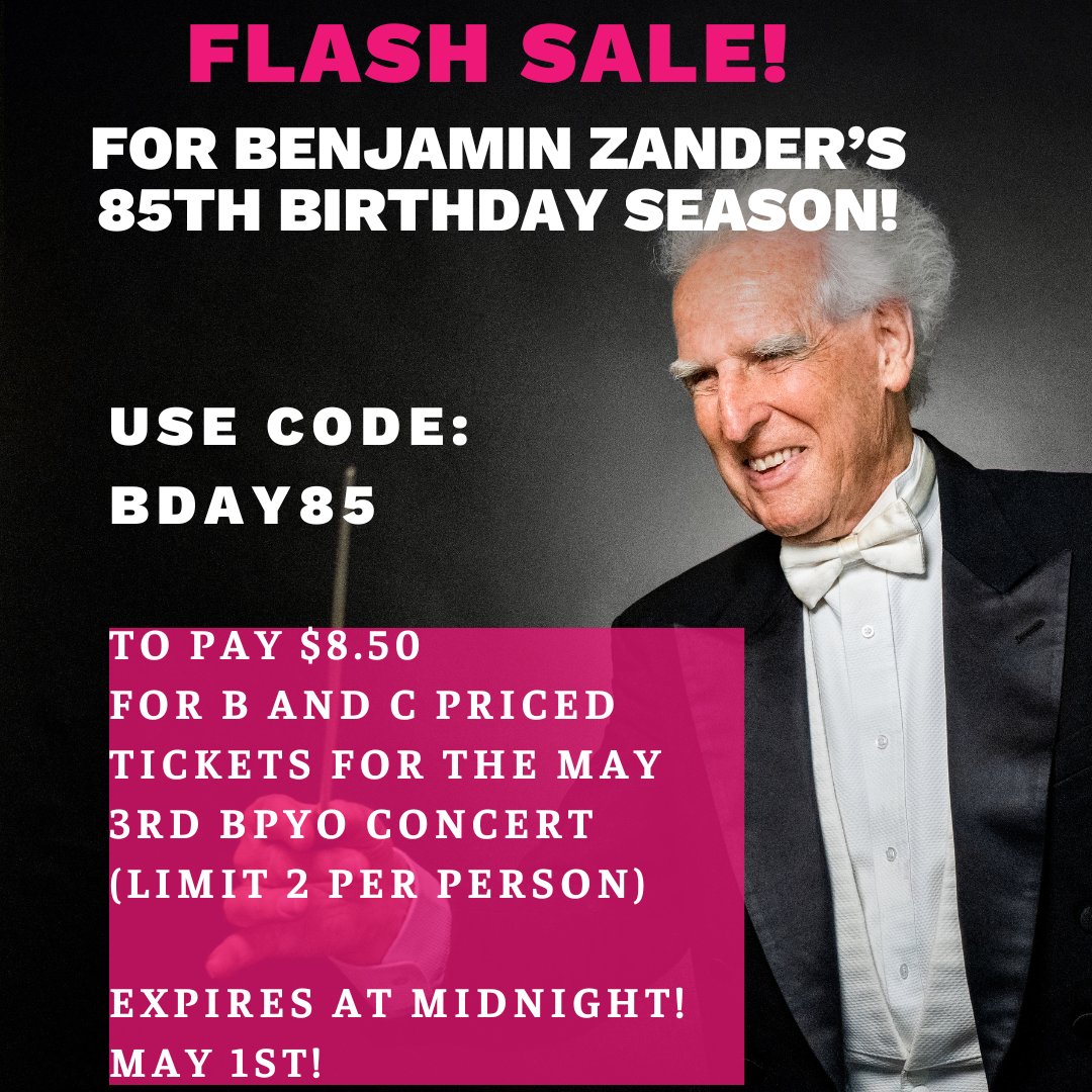 GEt tickets to Friday's concert of our @BosPhilYouth with @zfungcello for just $8.50 in honor of Maestro @BenjaminZander's 85th birthday season! Use Code: BDAY85. Offer ends at midnight May 1!🎟️🎟️bostonphil.org/concerts/2023-…