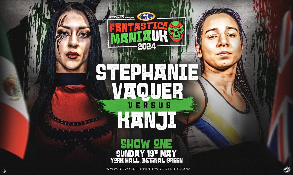 @RevProUK @CMLL_OFICIAL Confirmado para RevPro Presents CMLL Fantasticamanla UK 2024 el 19 de mayo (show 1): Stephanie Vaquer vs Kanji. La Primera tendrá 2 combates individuales en su primer show en Reino Unido. #RevPro #CMLL @RevProUK @CMLL_OFICIAL #Fantasticamania @Steph_Vaquer @KanjiDuku