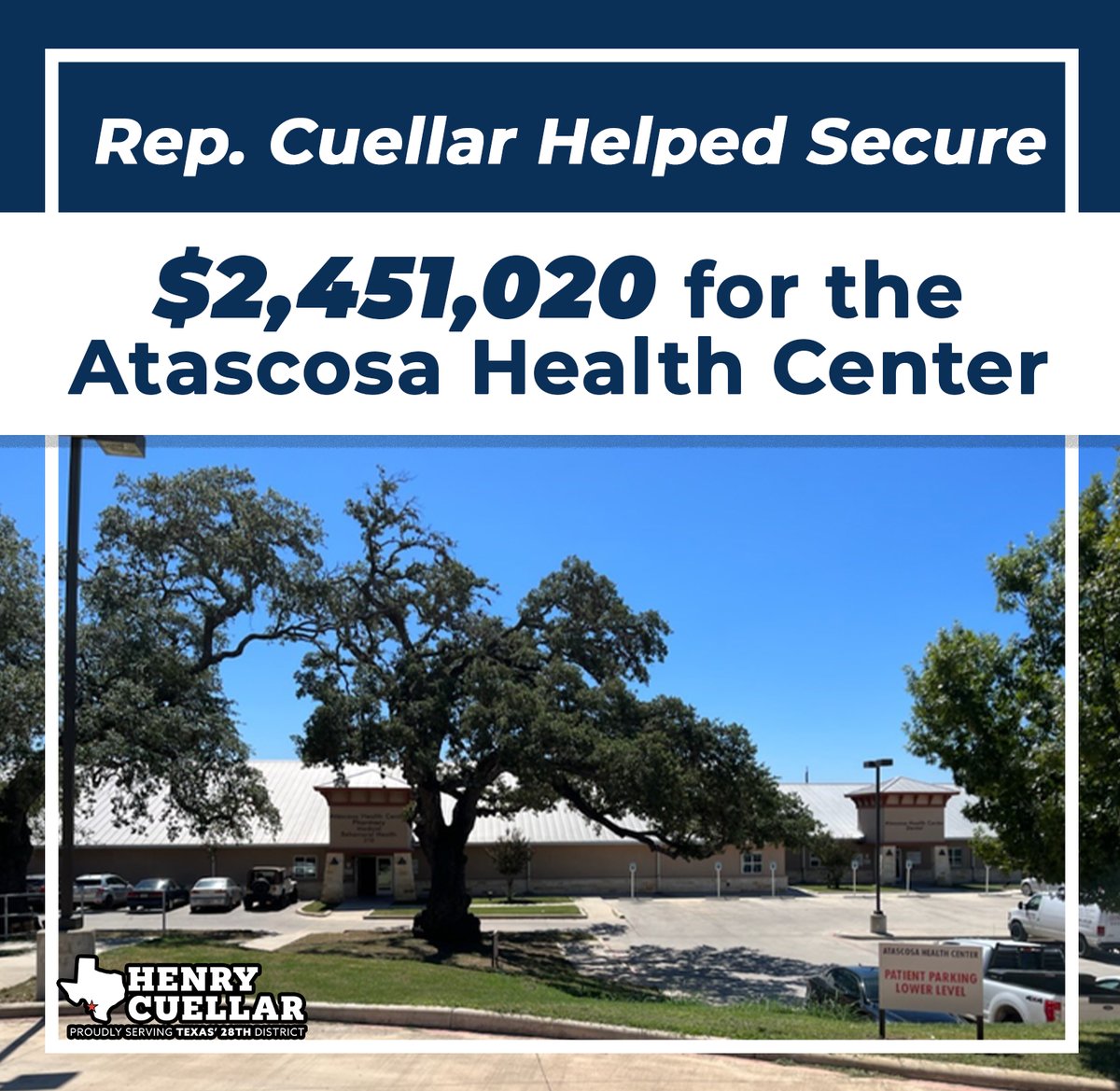 I’m pleased to announce another HHS grant today for the Atascosa Health Center in Pleasanton! @HHSGov grant funding is crucial for rural health clinics. That is why I am committed to protecting rural healthcare funding and expanding healthcare access across South Texas.