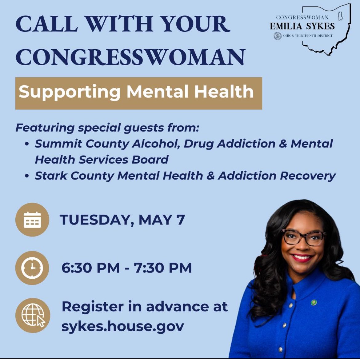 NEW DATE: The Call With Your Congresswoman discussion previously scheduled for May 1 will now take place on Tuesday, May 7 from 6:30 - 7:30 p.m. Register now at sykes.house.gov/about/events.