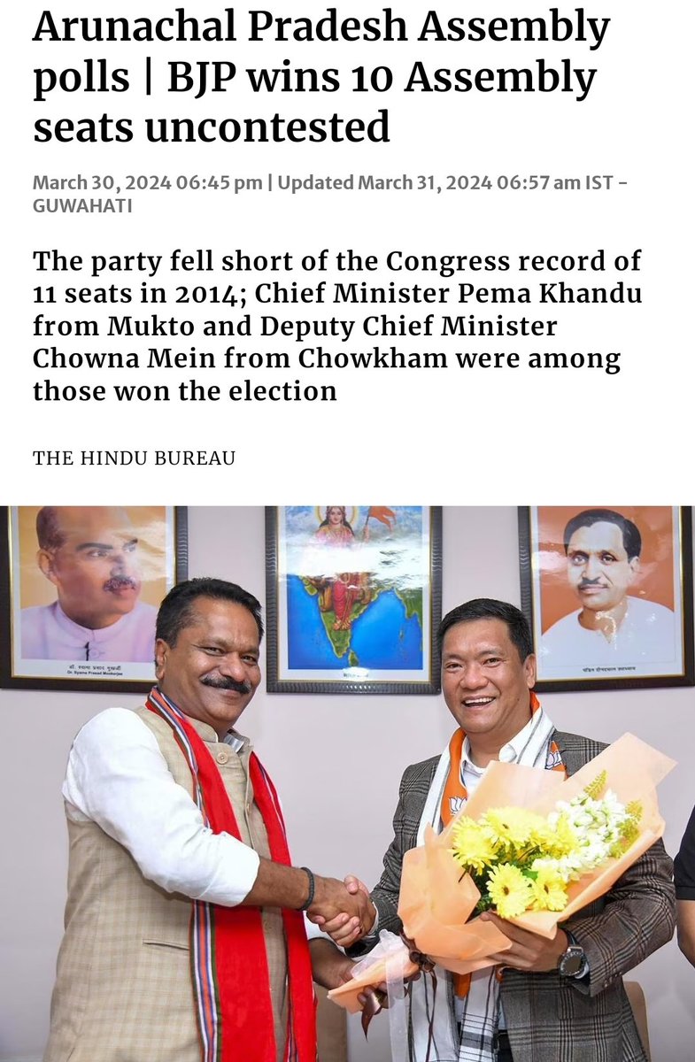 In 6 constituencies no other party filed nomination and in 4, all opposition candidates withdrew nomination.

Sitting CM Pema Khandu is traditionally a Congress man, his father was Congress CM in Arunachal Pradesh who died in a plane crash while he was a CM in 2011 (strange