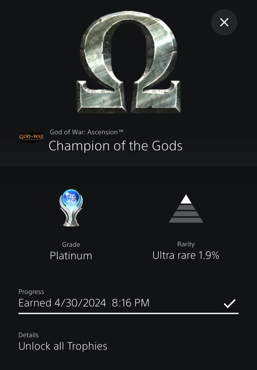 Platinum 299 - God of War: Ascension:

This one took alot longer than expected. Hard mode was kicking my ASS!  I'm glad I grinded it out.  

#platinum #playstationtrophy #trophyhunter #godofwar #ps5share #ps3