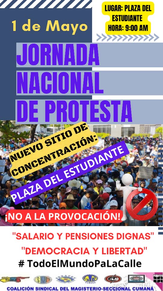 Marcha de los Trabajadores sale mañana desde la plaza del Estudiante. No a los provocadores. #Cumaná