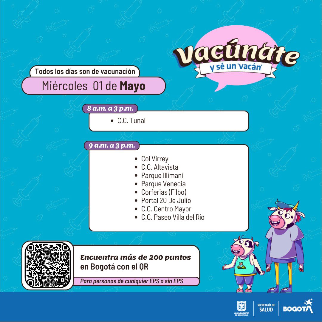 👋 ¡Este miércoles 1 de mayo continúa la vacunación en Bogotá!

Conoce los puntos que estarán habilitados en toda la ciudad.

¡Vacúnate y #SéUnVacán!
👉 bit.ly/4aPMlDk