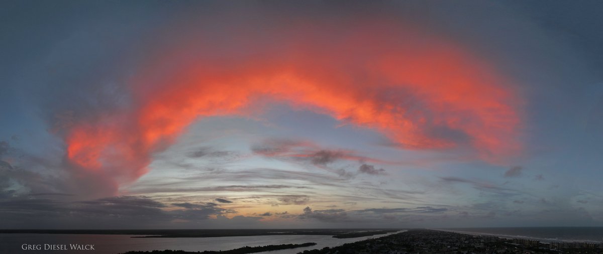 Big sky tonight, 12 images stitched from the drone and de-saturated sunset over the Intracoastal stretching to the ocean Ormond by the Sea, FL @BrooksWeather @NbergWX @Fox35Amy @iancassette_wx #weather #sunset #florida