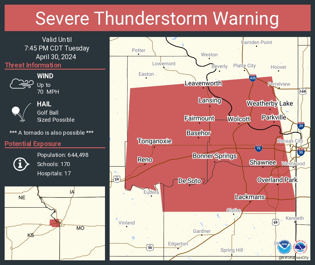 Severe Thunderstorm Warning continues for Overland Park KS, Shawnee KS and Lenexa KS until 7:45 PM CDT. This storm will contain wind gusts to 70 MPH and golf ball sized hail!