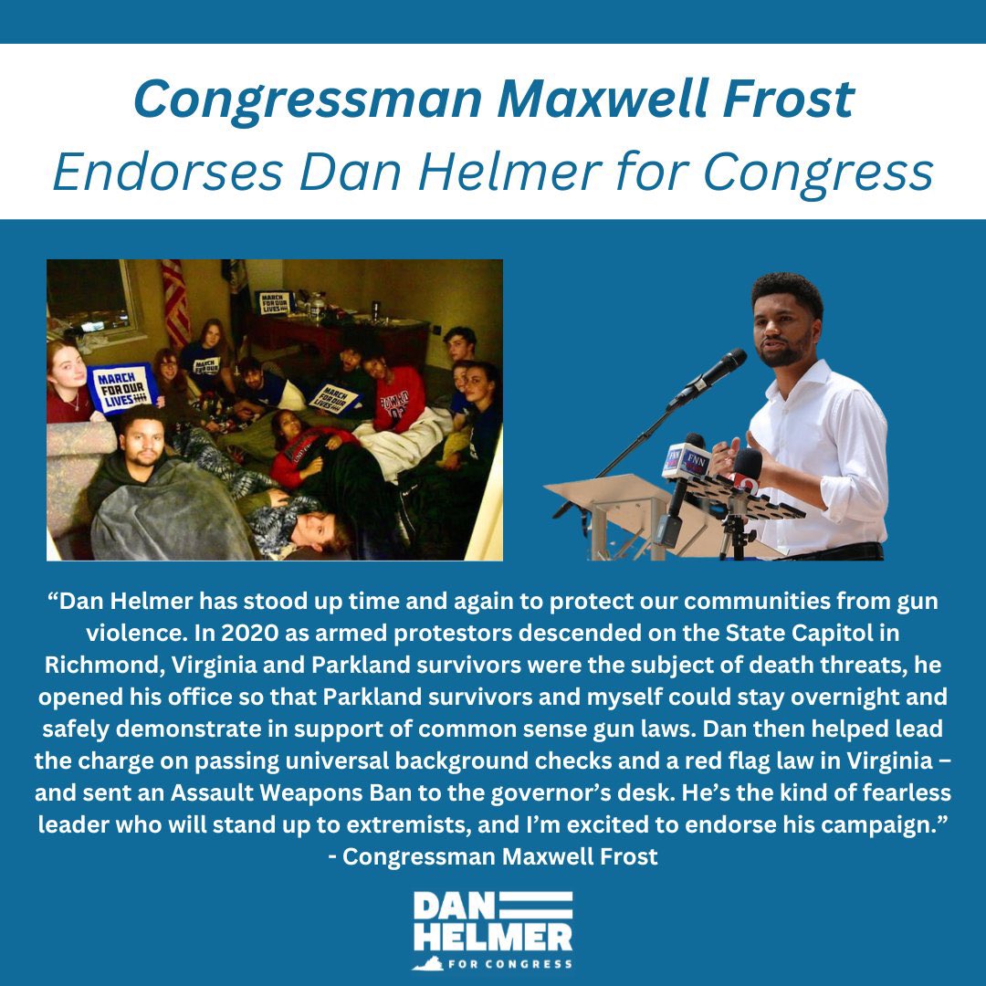 I’m proud to endorse my friend and gun violence prevention champion, @HelmerVA for Congress! When I was the Organizing Director for March for Our Lives, he let advocates & myself sleep overnight in his State House office to avoid the armed protestors who threatened our lives.