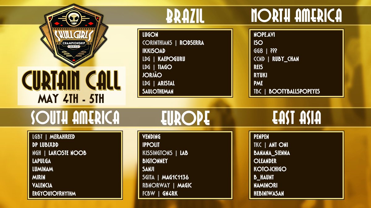 The Skullgirls Championship Series 2024 CURTAIN CALL weekend is almost here! After a blistering open tournament season, the top eight ranked players from each region have been decided on and will face off THIS WEEKEND! Mark your calendar for MAY 4TH - 5TH!