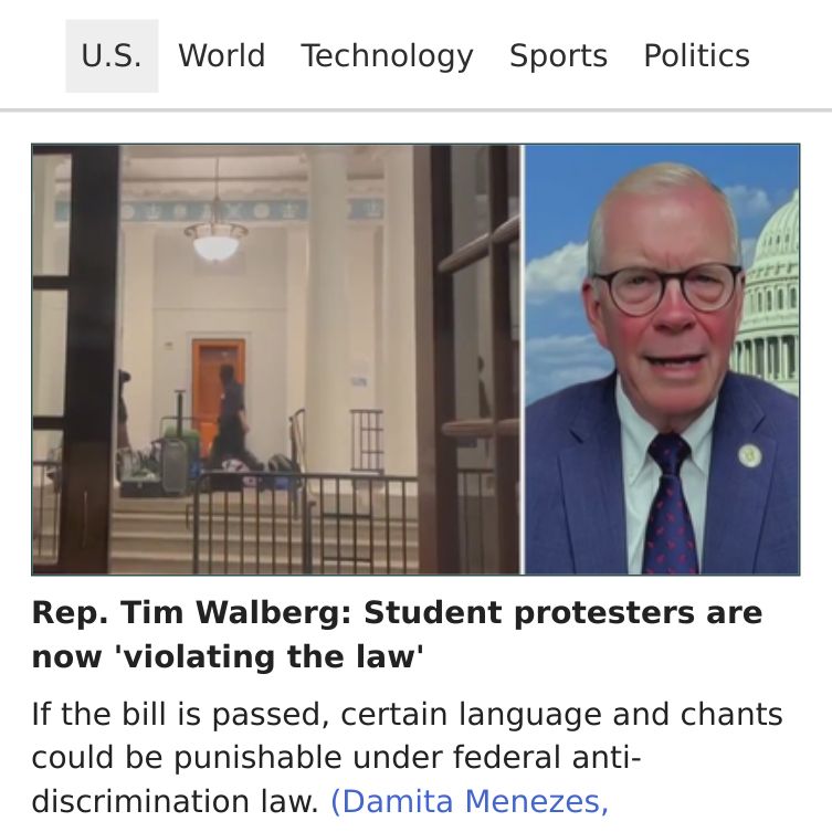 Rep. Tim Walberg: Student protesters are now 'violating the law'. If the bill is passed, certain language and chants could be punishable under federal anti-discrimination law. majordigest.com/us/2024/04/30/…

#majordigest #news #nationalnews #usnews #usanews #breakingnews #randomnews