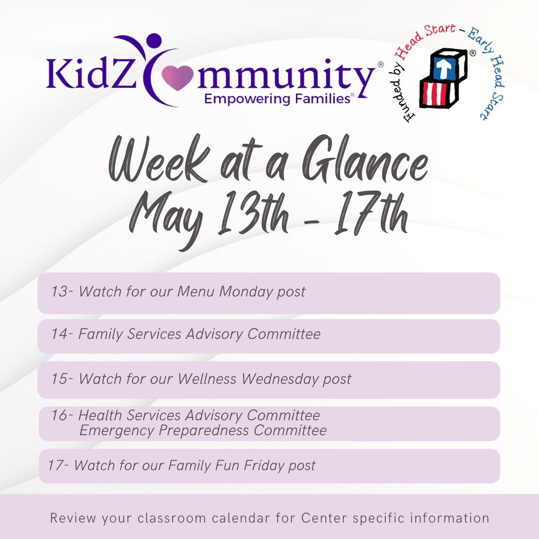 Week At A Glance for May 13th-17th

Contact your Site Staff, Family Advocate, or Home Visitor for details 💜

#HeadStart #EarlyHeadStart #EarlyLearning #EmpoweringFamilies #GetAHeadStart #LearningThroughPlay #ComePlayWithUs #NowHiring #NowEnrolling #PlacerCounty #NevadaCounty