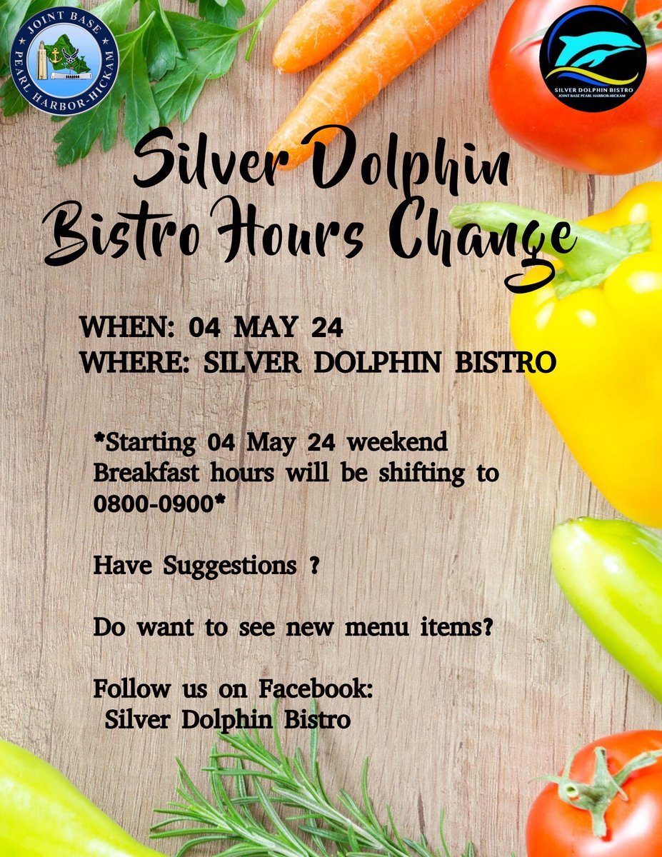 📷 Starting May 4 2024 📷 weekend breakfast hours at the Silver Dolphin Bistro will be changing to 0800-0900. Please see the attached flyer for any questions and follow facebook.com/SilverDolphinB… !!