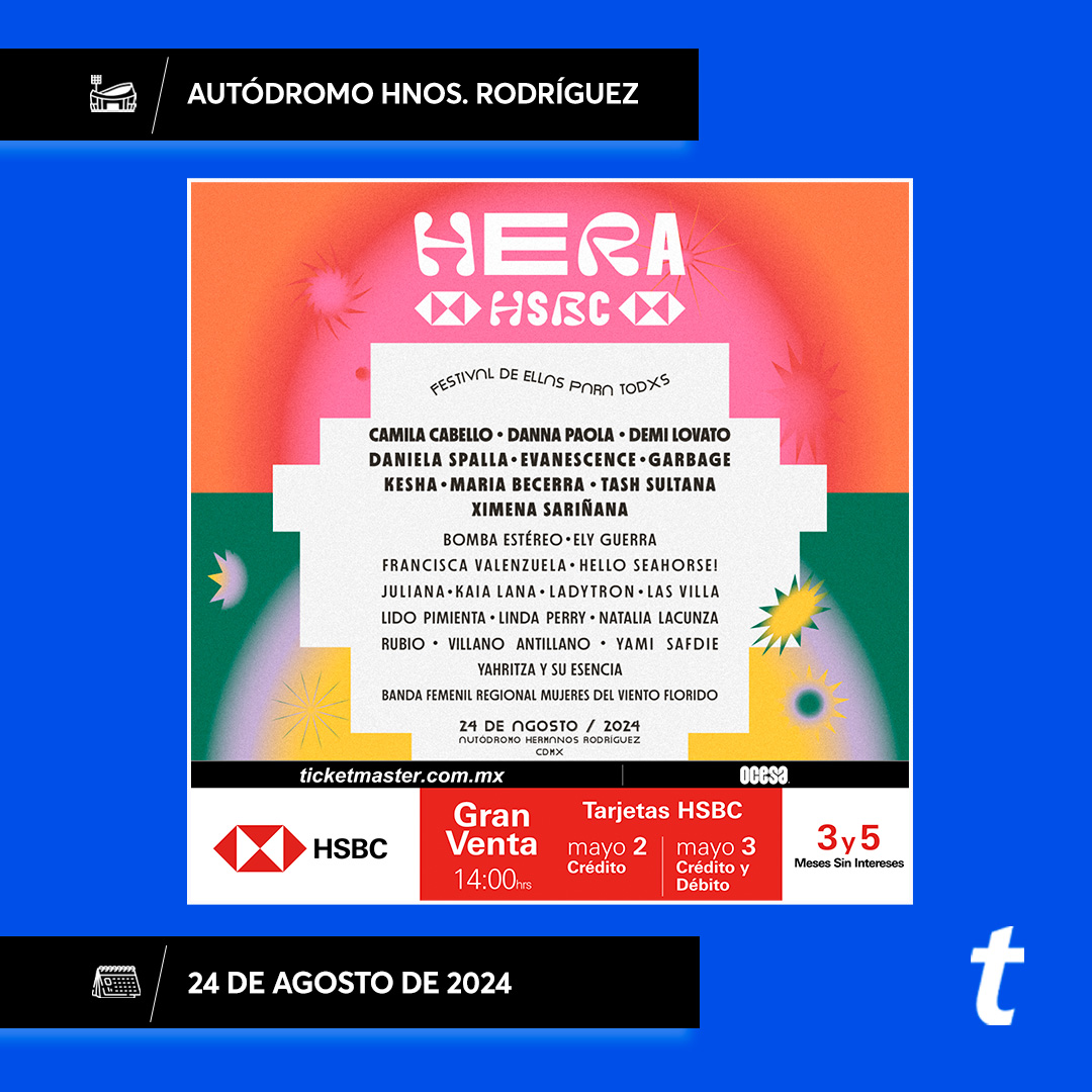 🌼 En unos minutos te podrás unir a la fila virtual para comprar tus 🎟️🎟️ en la #GranVentaHSBC y ser parte de la primera edición del @FestHeraHSBC el próximo 24 de agosto ❤️‍🔥🌸

Recuerda crear tu cuenta o iniciar sesión en nuestro sitio web previamente 👇 
tkmx.link/FestivalHERA_Tm