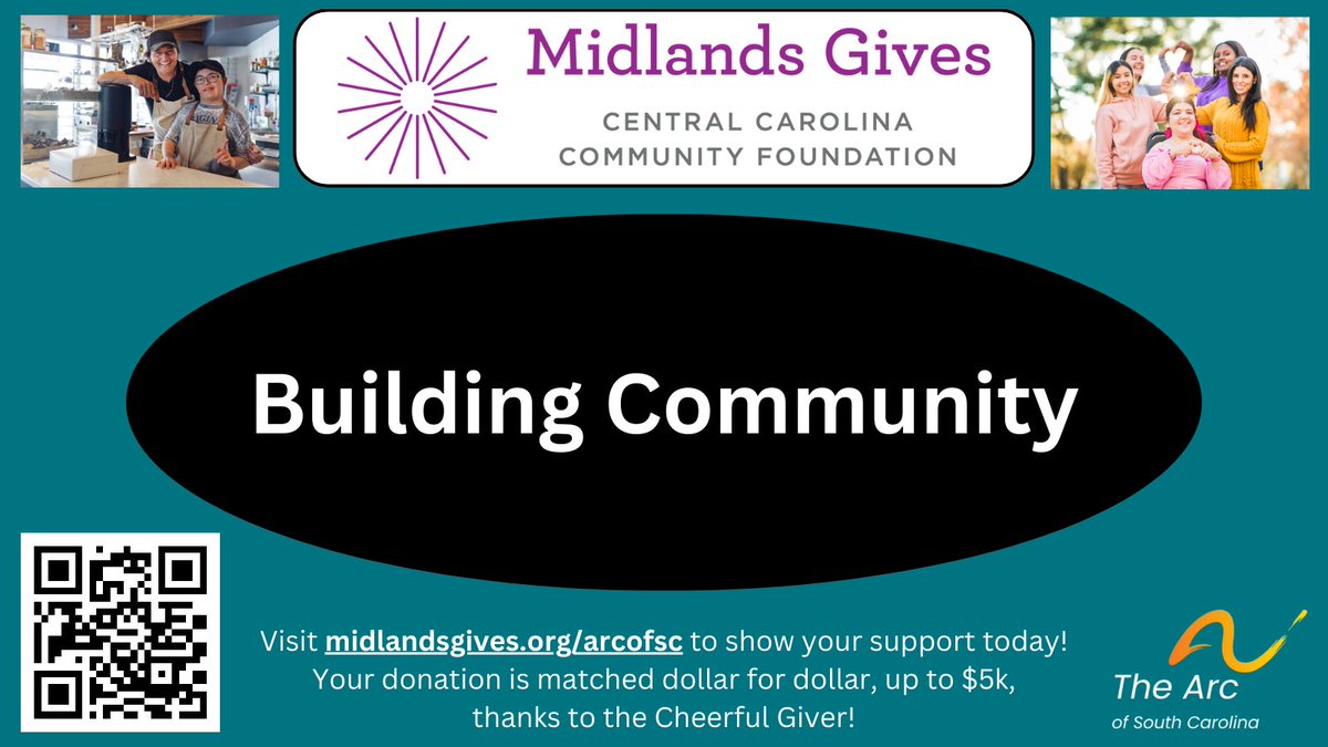 #MidlandsGives is almost here! We're excited to see our community come together to support our dream of a community hub. Donate early to help us maximize the matching gift from Cheerful Giver, who will double every dollar up to $5,000! midlandsgives.org/arcofsc #BuildingTogether'