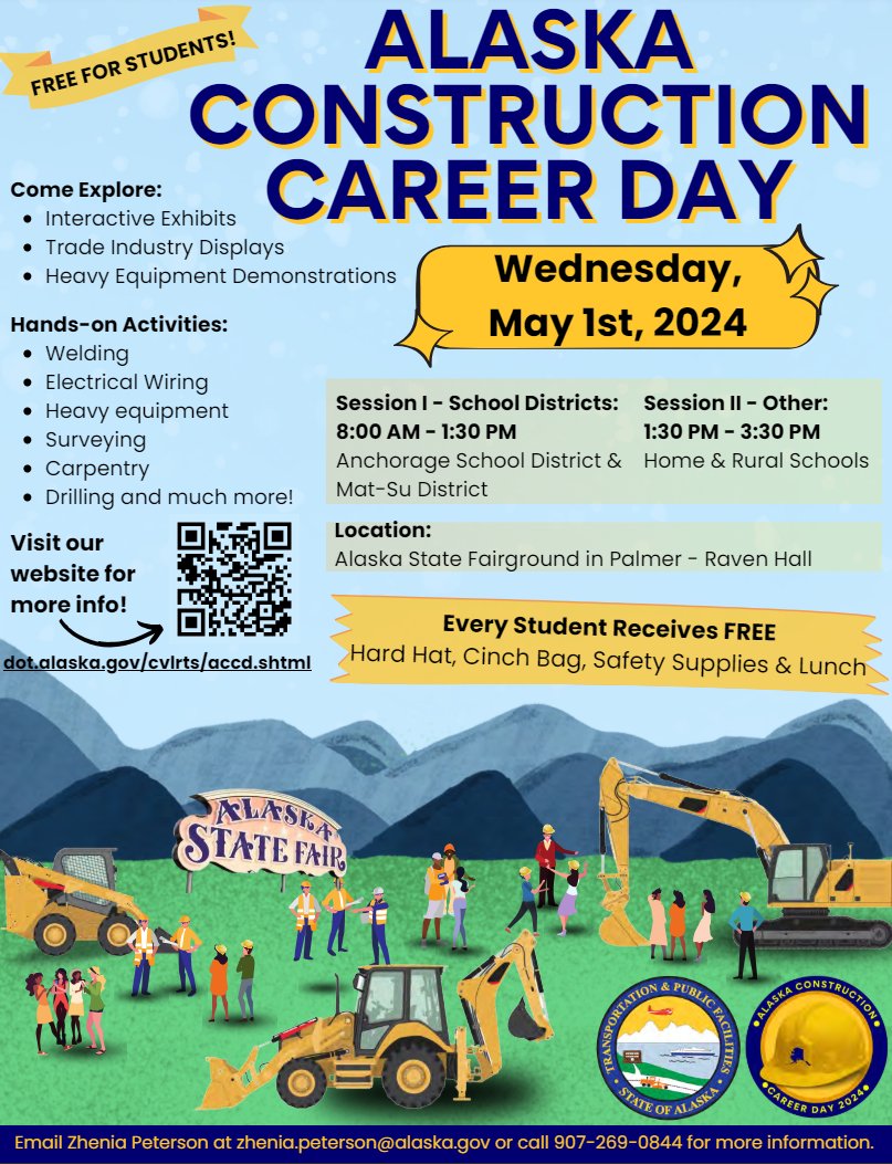 We are participating in Alaska Career Construction Day on May 1. This is an opportunity for high school students around Anchorage & Mat-Su to learn about the careers that are offered in Alaska. From: 8:00 am-4:00 PM At: Alaska State Fairgrounds #AlaskaJobs #ConstructionJobs