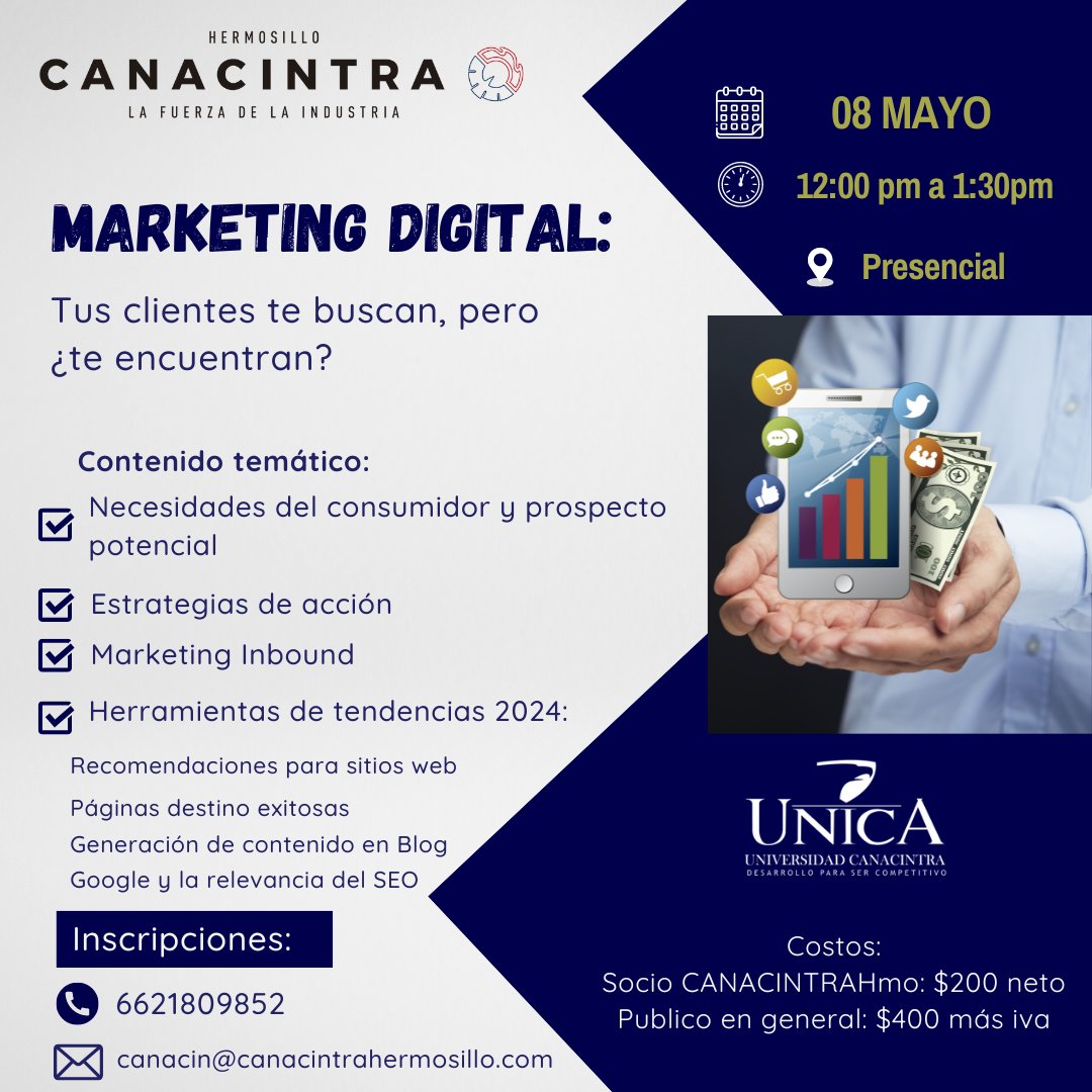 ¿Eres visible para tus clientes potenciales? 📈

Aprende a dominar el marketing digital y amplía tu alcance profesional. 🎯

Te esperamos el 8 de Mayo a las 12:00 pm en las instalaciones de #CANACINTRAHmo 🏢

No dejes pasar esta oportunidad. 🌟

Reserva tu lugar
📲  6621 809852