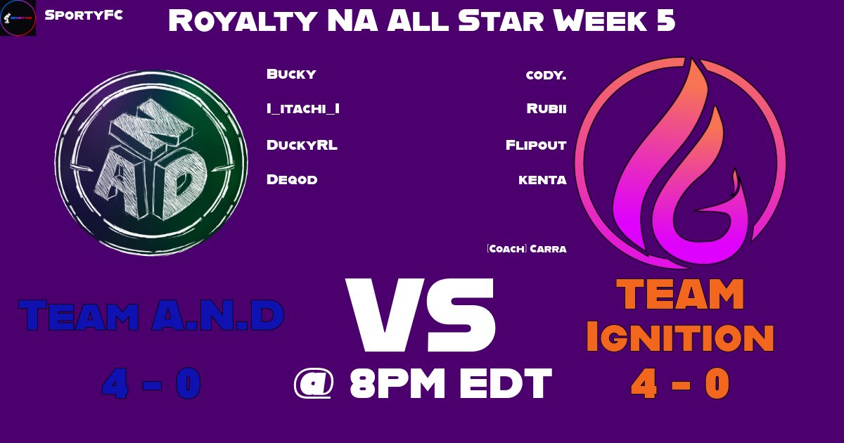 The best of the <a href="/RoyaltySeriesGG/">Royalty Series</a> All Star Division take to the field!

Team A.N.D look to end the undefeated run of @TeamIgnitionHQ <a href="/TeamIgnitionRL/">Ignition Rocket League</a> tonight!