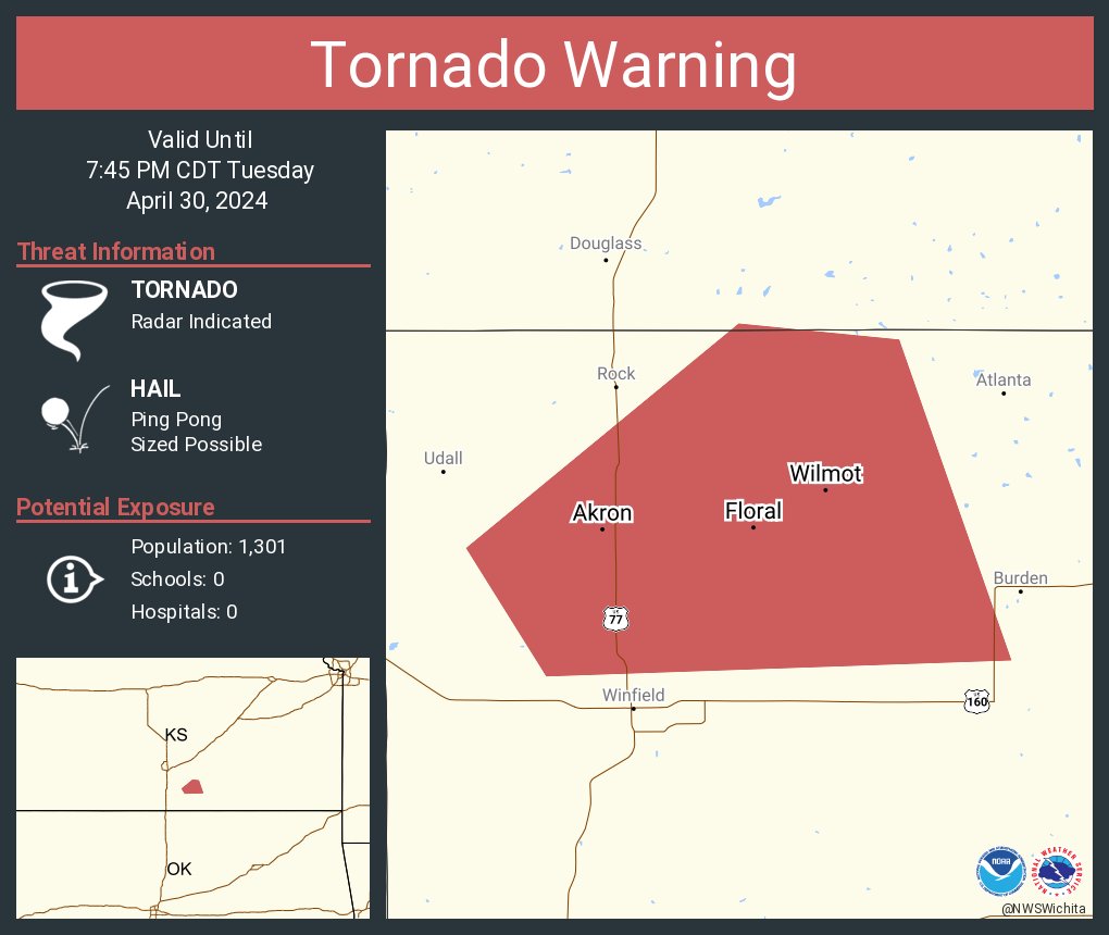 Tornado Warning continues for Akron KS, Wilmot KS and Floral KS until 7:45 PM CDT