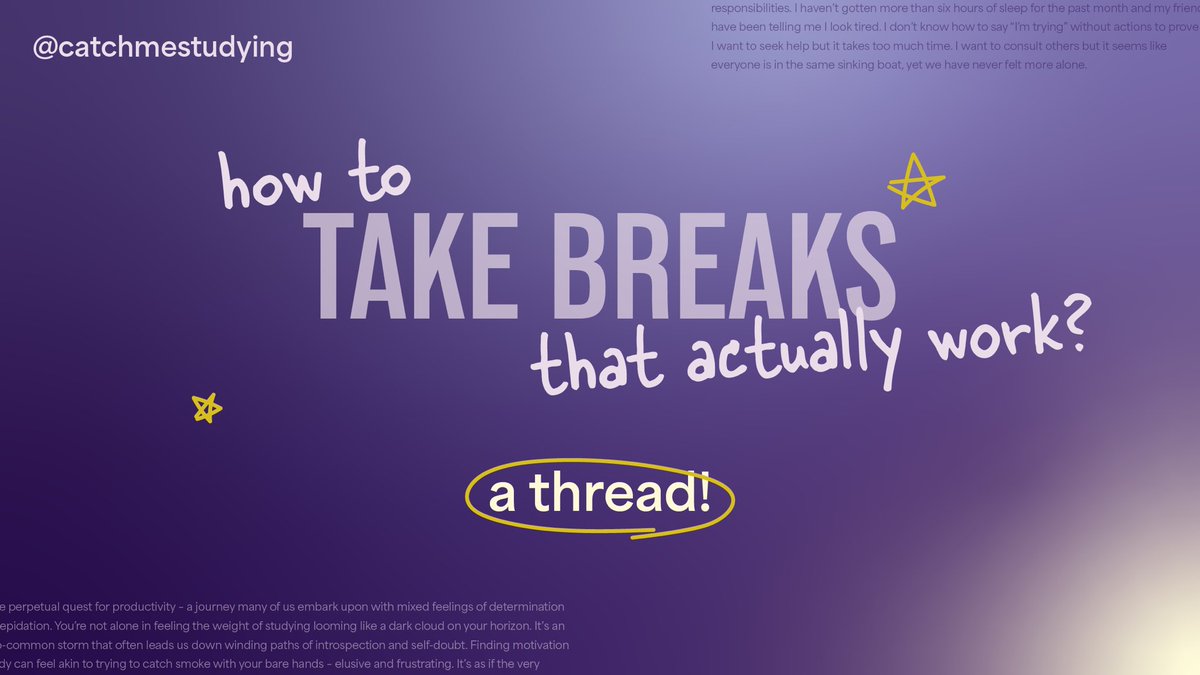 friends, we say TAKE BREAKS but do we actually know HOW ???!! 💥

A THREAD‼️🧵

♡ + ↺  so the rest of #studytwt can take a damn break too 🫂

#studentmentalhealth #studytips