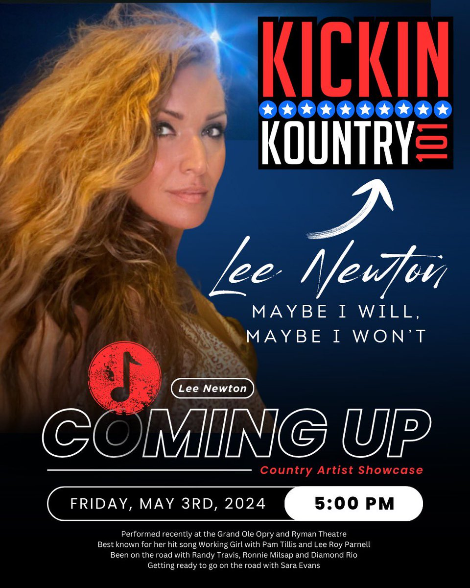 THIS FRIDAY ❤️ Kickin Kountry 101 is going to be debuting my NEW release, “MAYBE I WILL, MAYBE I WONT” Hear it before it comes out Official Release Date 5-10-24 iHeartRadio, Alexa, Apple/Google Apps, on FB, IG, X @wkck101 and wkck101.com Leenewtonofficial.com