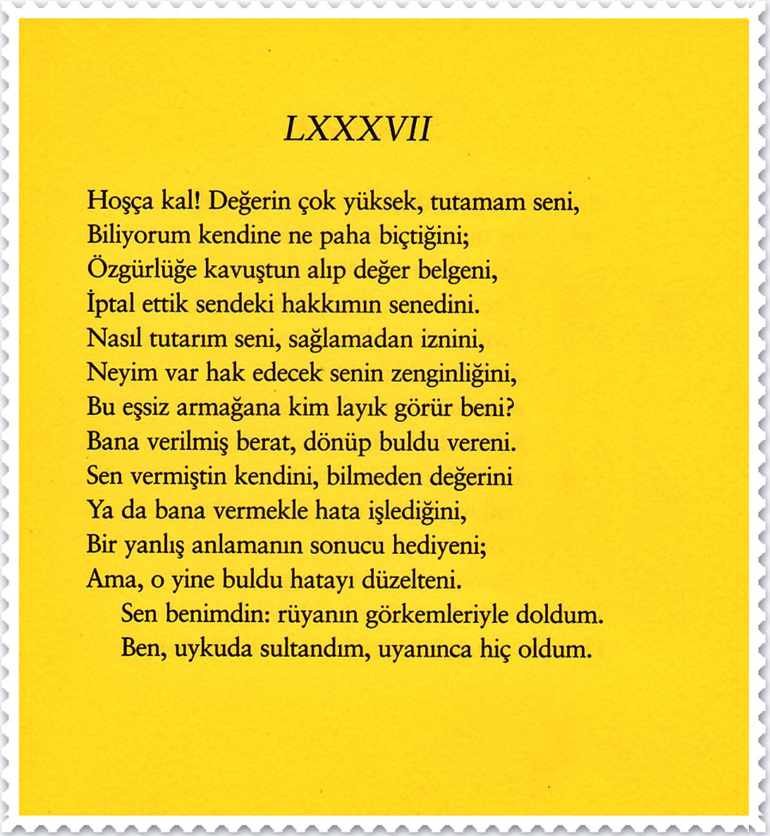 Thus have I had thee as a dream doth flatter, 
In sleep a king, but waking no such matter.

Sen benimdin: rüyanın görkemleriyle doldum. 
Ben, uykuda kraldım, uyanınca hiç oldum. 

shakespeare 

[sonnets, LXXXVII]