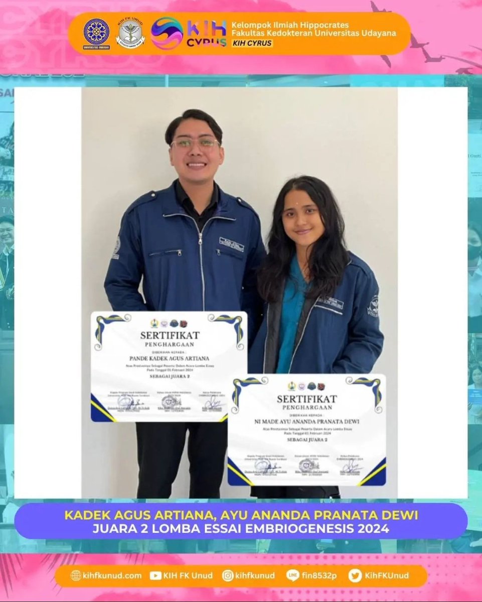 🏆[KIH BANGGA]🏆

KIH FK Unud mengucapkan selamat atas prestasi yang telah diraih oleh: 

Pande Kadek Agus Artiana (AI 19), Ni Made Ayu Ananda Pranata Dewi (AI 18)
🎖Juara 2 Lomba Essai Embriogenesis 2024 Himpunan Mahasiswa Prodi Kebidanan FIK Universitas PGRI Adi Buana Surabaya