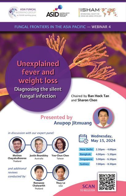 The next @ASIDANZ @AFWGonline webinar 15 May 2024. Panel with Methee Chayakulkeeree, @_jbeardsley_ and Yee-Chun Chen, Romanee Chaiwarith, Thuy Le - diagnosing the silent fungal infection. 
Register: bit.ly/4cZde9U 
#thinkfungus #medicalmycology