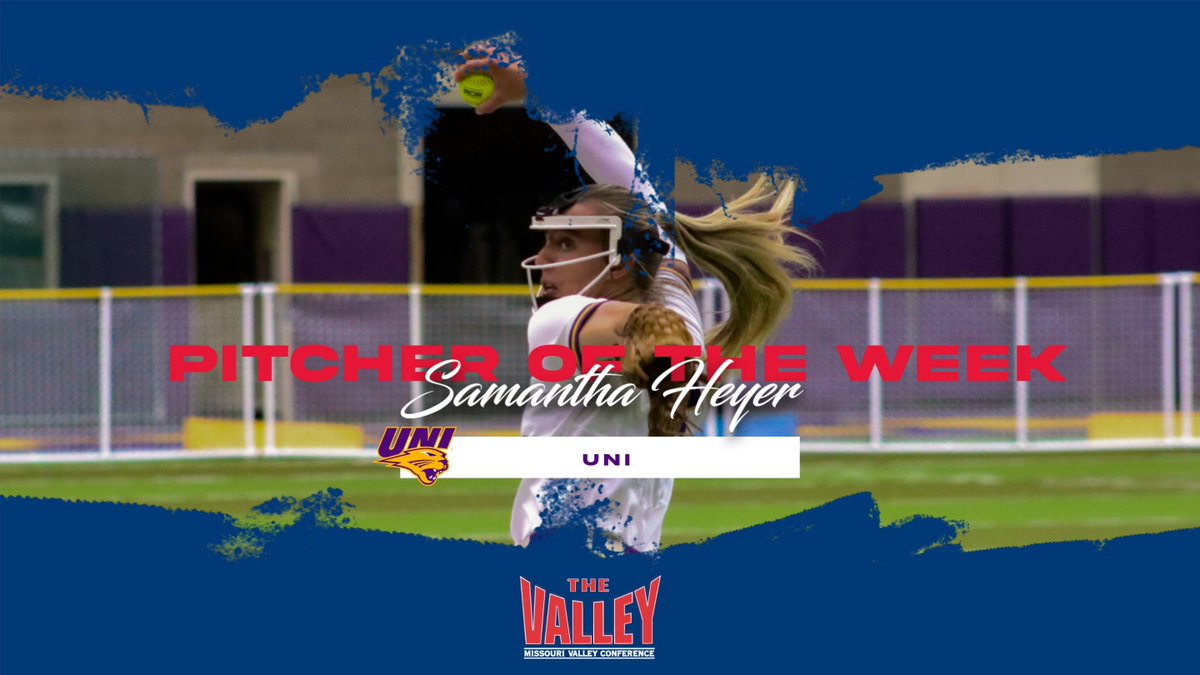 Pitcher of the Week⫸Samantha Heyer,@UNISoftball 

▪️Finished the week with a 0.60 era only giving up 10 hits in her 15 innings pitched
▪️Against Illinois State, Heyer recorded her 6th double-digit strikeout game with 10 strikeouts with the first 6 straight batters

 #MVCSoftball